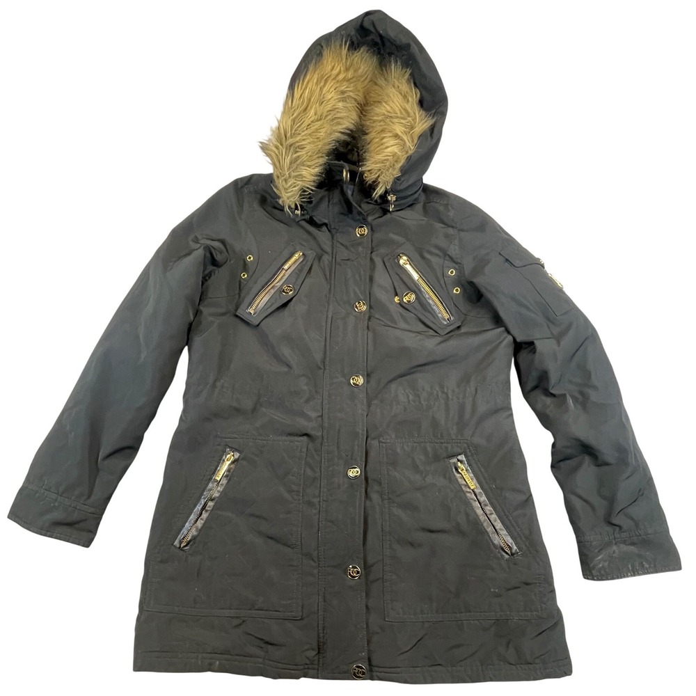 Rocawear Classic Womens Black Parka Jacket Faux Fur Hood Gold Hardware Small